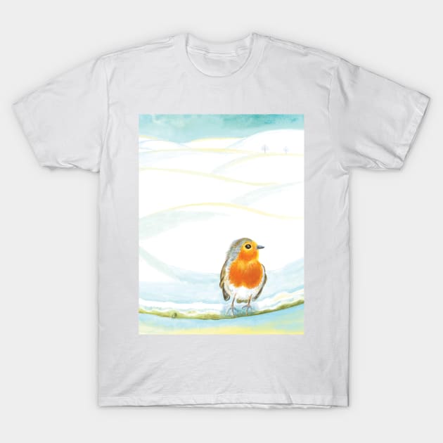 Red Robin in Winter on Snowy Branch T-Shirt by Julia Doria Illustration